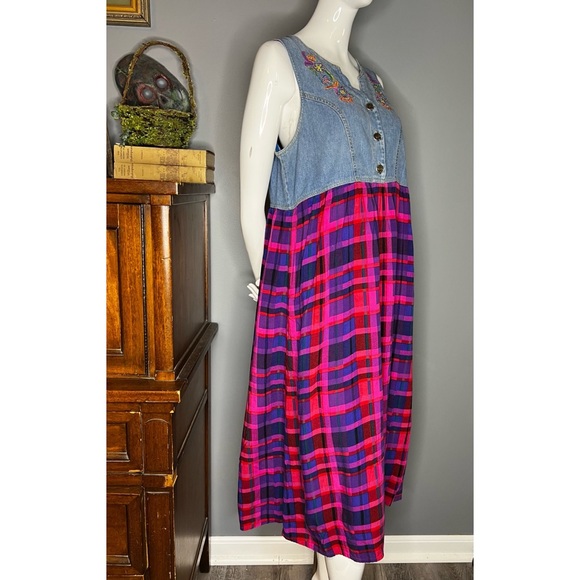 vintage 90s Carol Little : denim & plaid dress - Picture 3 of 16